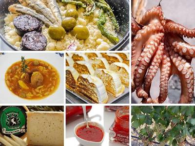 Platos y productos típicos de la gastronomía de Almería como gurullos, pulpo, jamón, queso, tomate y uvas