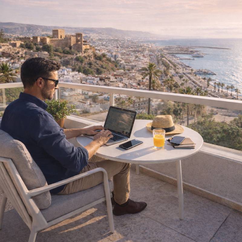 Profesional trabajando en portátil desde una terraza con vistas a la Alcazaba y al mar en Almería
