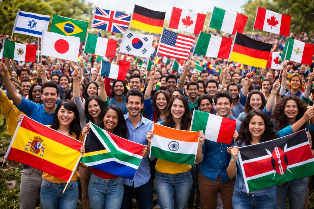 Personas de diferentes nacionalidades sosteniendo banderas de varios países en un evento internacional en Almería