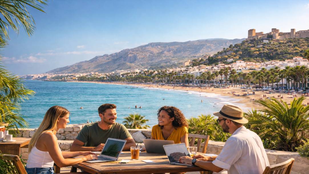 Profesionales trabajando con portátiles en una terraza con vistas al mar y la Alcazaba de Almería