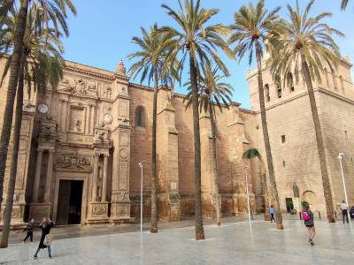 Catedral de la Encarnación de Almería con palmeras en el centro histórico